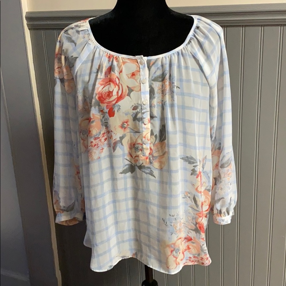LC Lauren Conrad Light Blue Plaid Floral Peasant Blouse